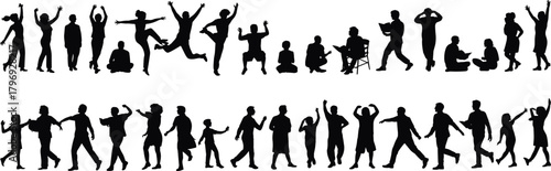 Silhouette group of people in various poses, active diverse individuals standing walking dancing reading sitting, expressive human figures collection