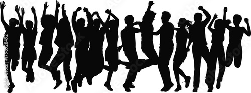 Silhouette group of people jumping together, joyful celebration energy, crowd happiness team unity concept for festive dynamic illustration