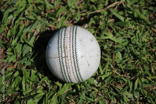White cricket ball on a green grass background