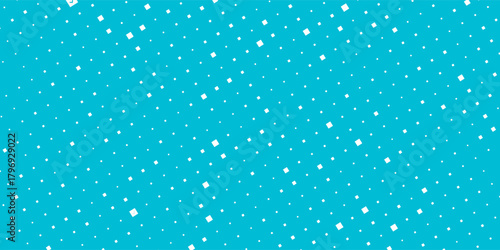 Seamless background pattern of evenly spaced white checkbox symbols of different sizes and opacity. Vector illustration on cyan background with stars
