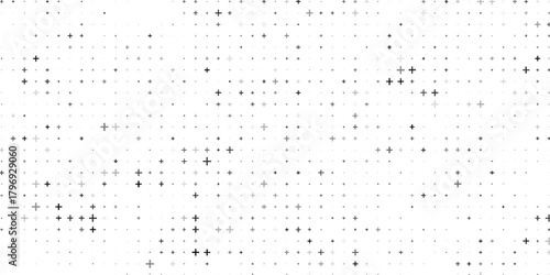 Seamless background pattern of evenly spaced black plus symbols of different sizes and opacity. Vector illustration on white background
