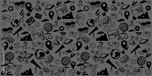 Geography symbols seamless pattern. Equipments for web banners background.  Education concept. Back to school background. Set of geography symbols. Cartoon illustration for school subject design. 