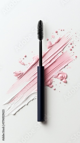 A black mascara wand is positioned vertically against a white background, with streaks of pink and white makeup creating an artistic backdrop.
