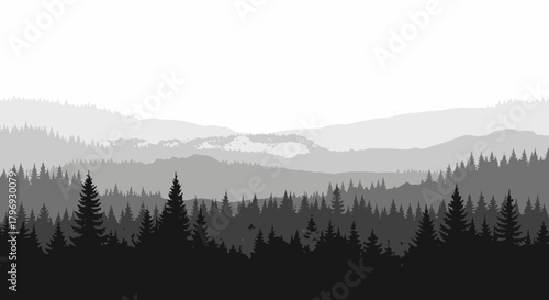 A serene and minimalist landscape illustration showing a panoramic view of a mountain range with layers of a pine tree forest shrouded in fog