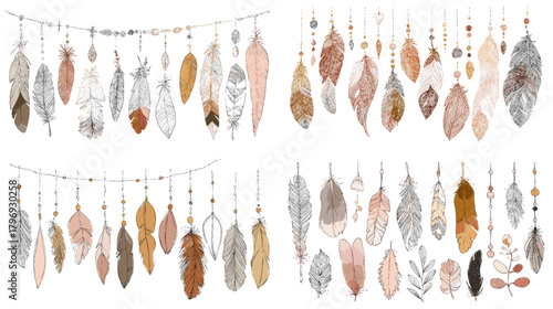Watercolor feather garlands hanging on strings with beads in soft neutrals. Boho decor elements for invitations, nursery art, posters, and delicate craft designs.