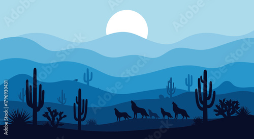 Blue Hues Desert Landscape with Howling Coyotes Under the Moonlight