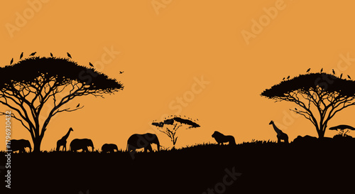 Serengeti Savannah Landscape Silhouette with African Wildlife under Acacia Trees