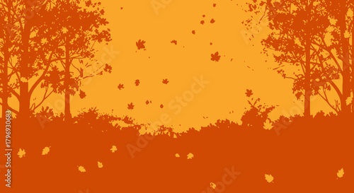Autumn Silhouette Trees and Falling Leaves in Orange Hues