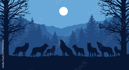 A captivating illustration of a wolf pack howling at the full moon under a dark, star-filled night sky, surrounded by silhouetted trees and mountains
