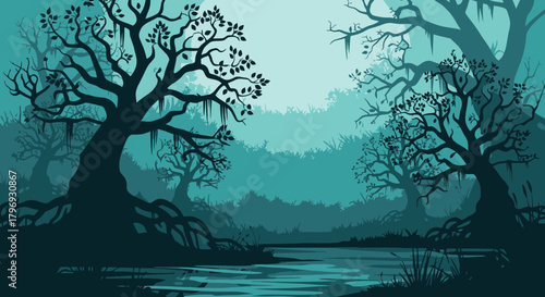 Mysterious swampland landscape illustration with silhouetted ancient trees and a murky river shrouded in a dark, eerie fog
