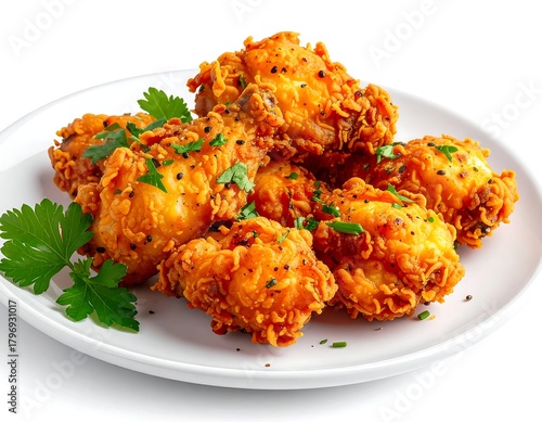 Crispy golden fried chicken pieces, served on a white plate (1)