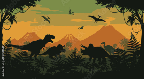 A prehistoric landscape with dinosaur silhouettes, including a Tyrannosaurus Rex and Triceratops, set against a volcanic sunset