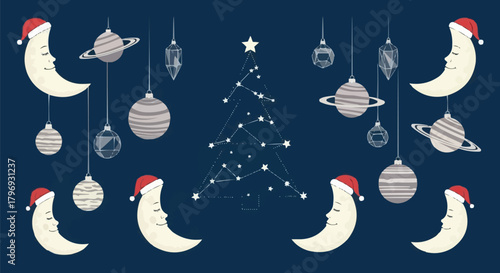 Celestial Christmas icons with crescent moons in Santa hats, cosmic ornaments, constellation tree, and crystal holiday baubles