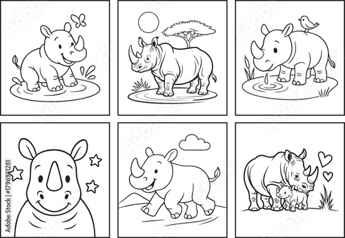 Cute cartoon rhino coloring page bundle for kids black line art vector illustration set