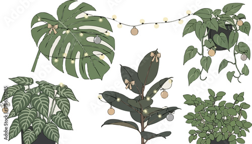 Minimalist plant parent Christmas houseplants decorated with string lights, ornaments, and festive botanical elements