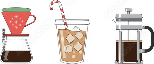 Aesthetic Christmas Coffee Icons, Iced Coffee Cup with Candy Cane Straw, Minimalist French Press, Pour-Over Coffee Cone with Star Pattern