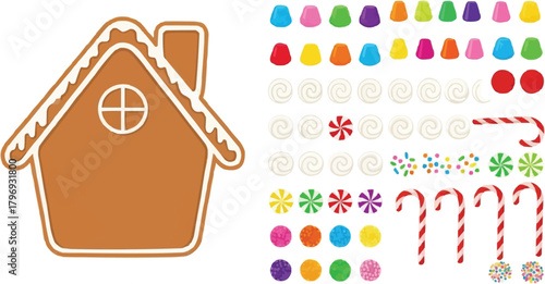 Gingerbread House Vector Kit with Candy Decorations, Icing Swirls, Gumdrops, Candy Canes, and Sprinkles Elements