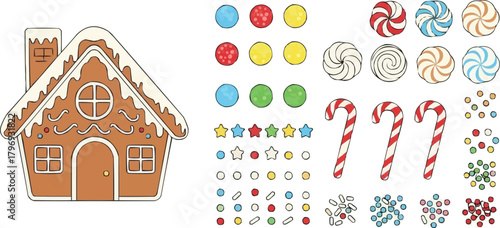 Gingerbread House Vector Kit with Candy Decorations, Icing Swirls, Gumdrops, Candy Canes, and Sprinkles Elements