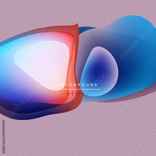 Abstract fluid shapes overlap, creating vibrant color gradients. Soft pink background complements blue, red hues. Modern design element.