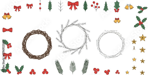 Minimalist wreath creator kit, bare grapevine wreath, pine wreath, wire wreath, holiday decoration add-ons, bows, bells, holly leaves, berries, stars