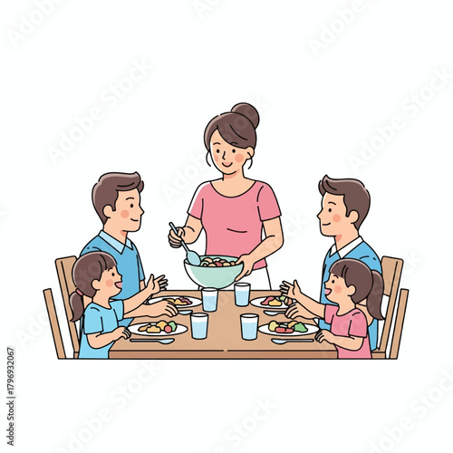 A happy family of five enjoying a meal together at a dining table, with the mother serving food in a warm, illustrative style.
