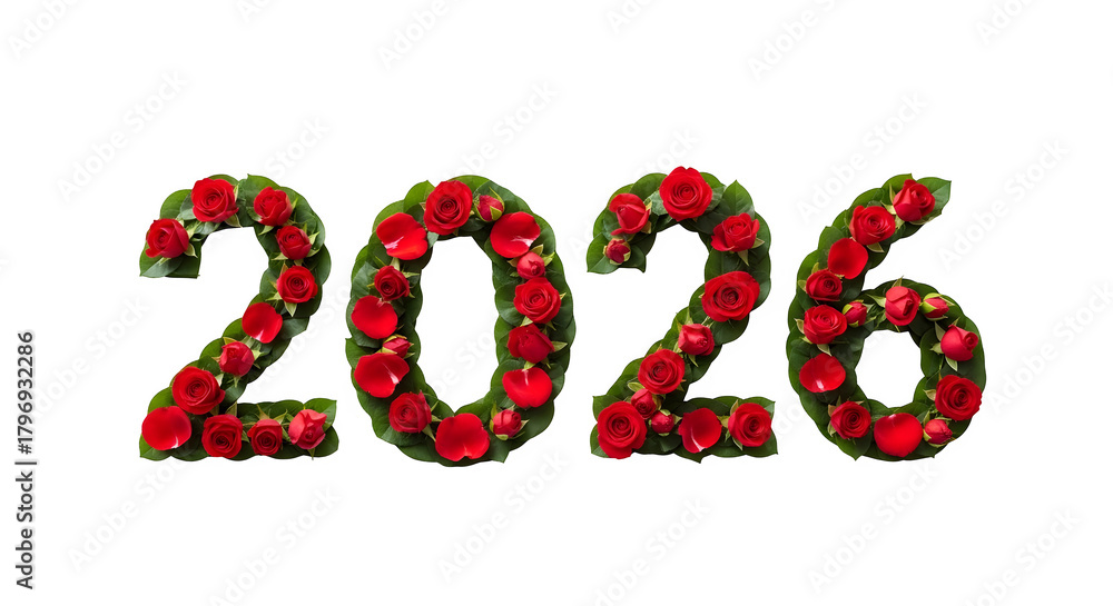 Fototapeta premium Sparkling red gemstone numbers 2026 forming the new year isolated on transparent background