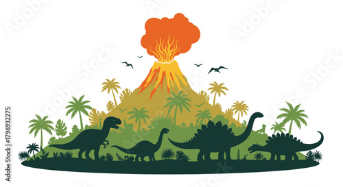 A prehistoric scene featuring dinosaurs silhouetted against a vibrant, erupting volcano surrounded by lush tropical vegetation and palm trees