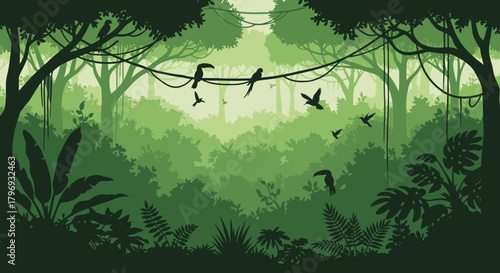 Vibrant Green Jungle Scene with Silhouettes of Birds Perched on Vines Amidst Lush Foliage and Trees