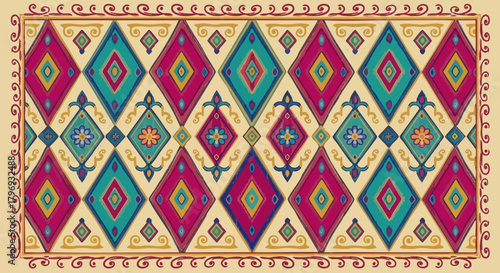 Colorful bohemian rug with diamond pattern home decor