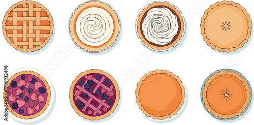 Top-down vector pies set, lattice pie, whipped cream pie, berry pie pink purple, pumpkin pie orange, dessert illustration, bakery food collection
