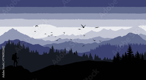 Serene Mountain Landscape with Silhouette Figures and Birds in Flight Depicting the Beauty of Nature