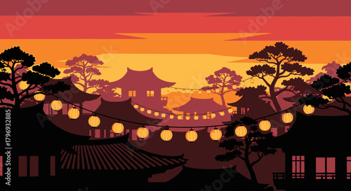 Tranquil Village at Sunset A Serene Asian Landscape Illustration