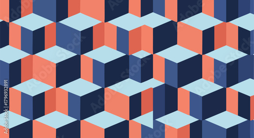 Abstract geometric cubes pattern in blue and coral hues