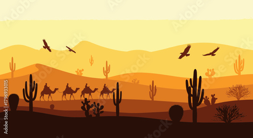 Desert Caravan Journey Camels Trek Across Sandy Dunes Under a Hazy Golden Sky with Soaring Eagles and Cacti