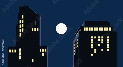 Cityscape silhouette at night with a bright full moon