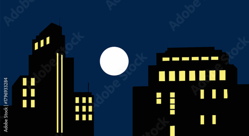 Cityscape silhouette with bright moon at night time