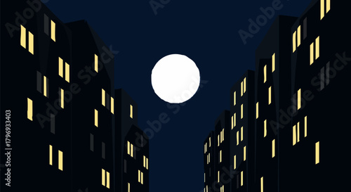 Full moon shines over city buildings at night scene