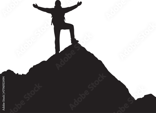 Hiker on Mountain Peak Silhouette Vector – Adventure and Success Concept Illustration
