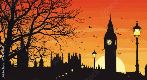London cityscape silhouette at sunset with big ben view