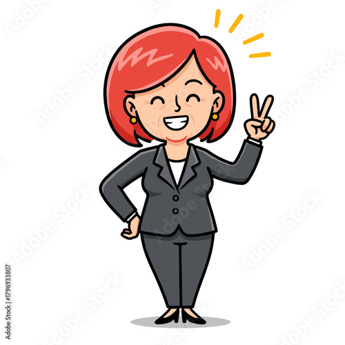 Cheerful cartoon businesswoman in a grey suit gives a victory sign and smiles happily.