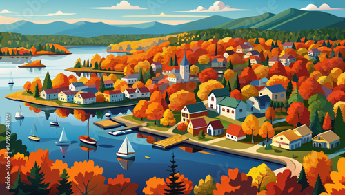 Very beautiful panoramic autumn aerial view of Bay Point at Mill Falls, showcasing vibrant fall foliage surrounding Meredith Bay on Lake Winnipesaukee, with the charming lakeside town of Meredith set 