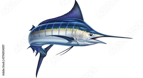 Majestic blue marlin, showcasing its streamlined body, pointed bill, and vibrant colors in a dynamic pose