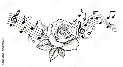 Harmonious floral arrangement with musical notes weaving around a rose blossom