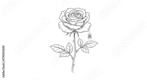Delicate etched rose illustration with subtle spider detail for gothic charm