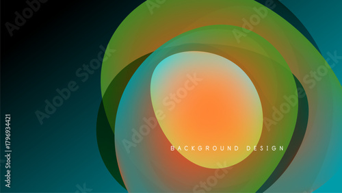 Abstract swirling shapes, vibrant colors blend. Orange center transitions to green, teal against dark backdrop. Modern design element.