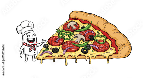 Delightful cartoon chef presenting a giant slice of flavorful pepperoni pizza perfection