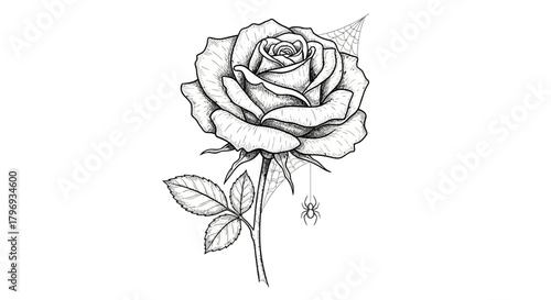 Detailed monochrome drawing depicting a rose combined with a spider, showing intricate ink work