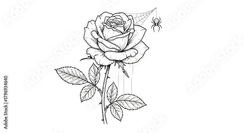 Floral monochrome tattoo design of a rose with spiderweb and spider for gothic allure and contrast