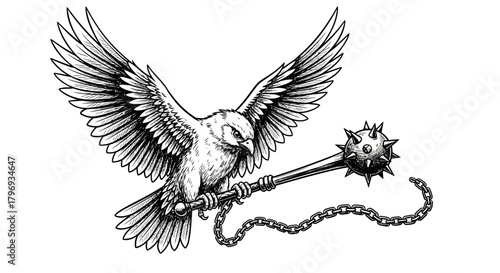 Sparrow wielding spiked mace with chain in detailed monochrome line art illustration