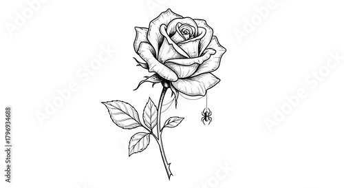 Rose and arachnid intricate line drawing conveys gothic aesthetics with artistic style